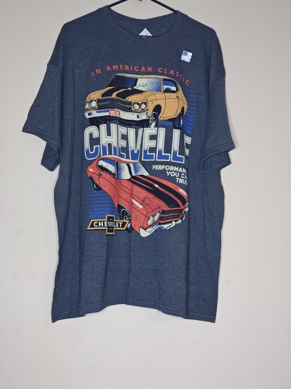 Blue Chevelle Graphic Tee with Red and Yellow Cars 2XL